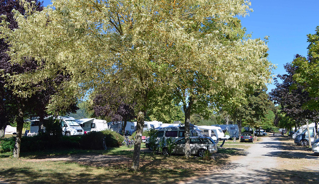 Die Wohnmobilstellplätze des Campingplatzes Les Trois Châteaux im Elsass